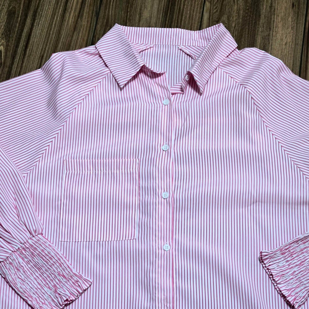 Pink White Striped Button Down Tunic Shirt Smocked Cuffs Relaxed Fit Top XL - Picture 4 of 9